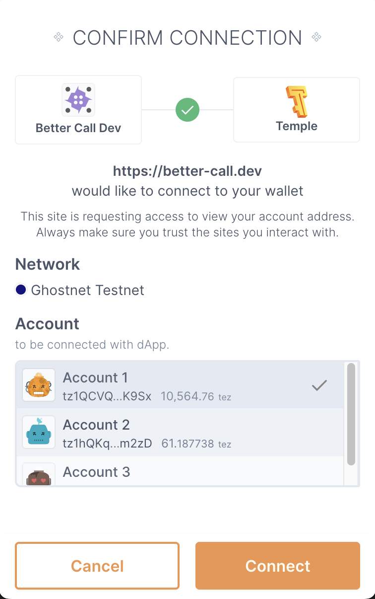 Connecting the Temple wallet to the block explorer